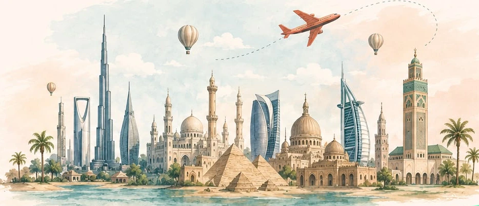 Arab world watercolor landmark illustration
